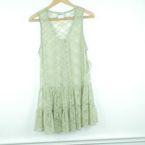 Vintage M Tunic Top Sage Green Sheer Lace Mesh Boho Tiered Feminine Y2K Dainty